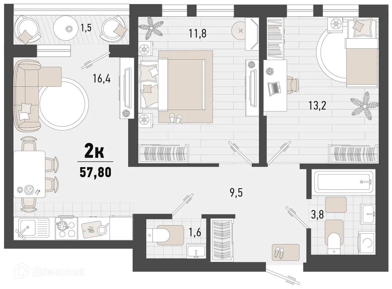 Планировка 2-комнатной квартиры 57.8 м² в ЖК Барса, г. Новороссийск — фото 1