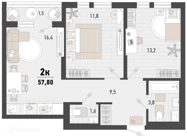 Планировка 2 комн. в ЖК Барса