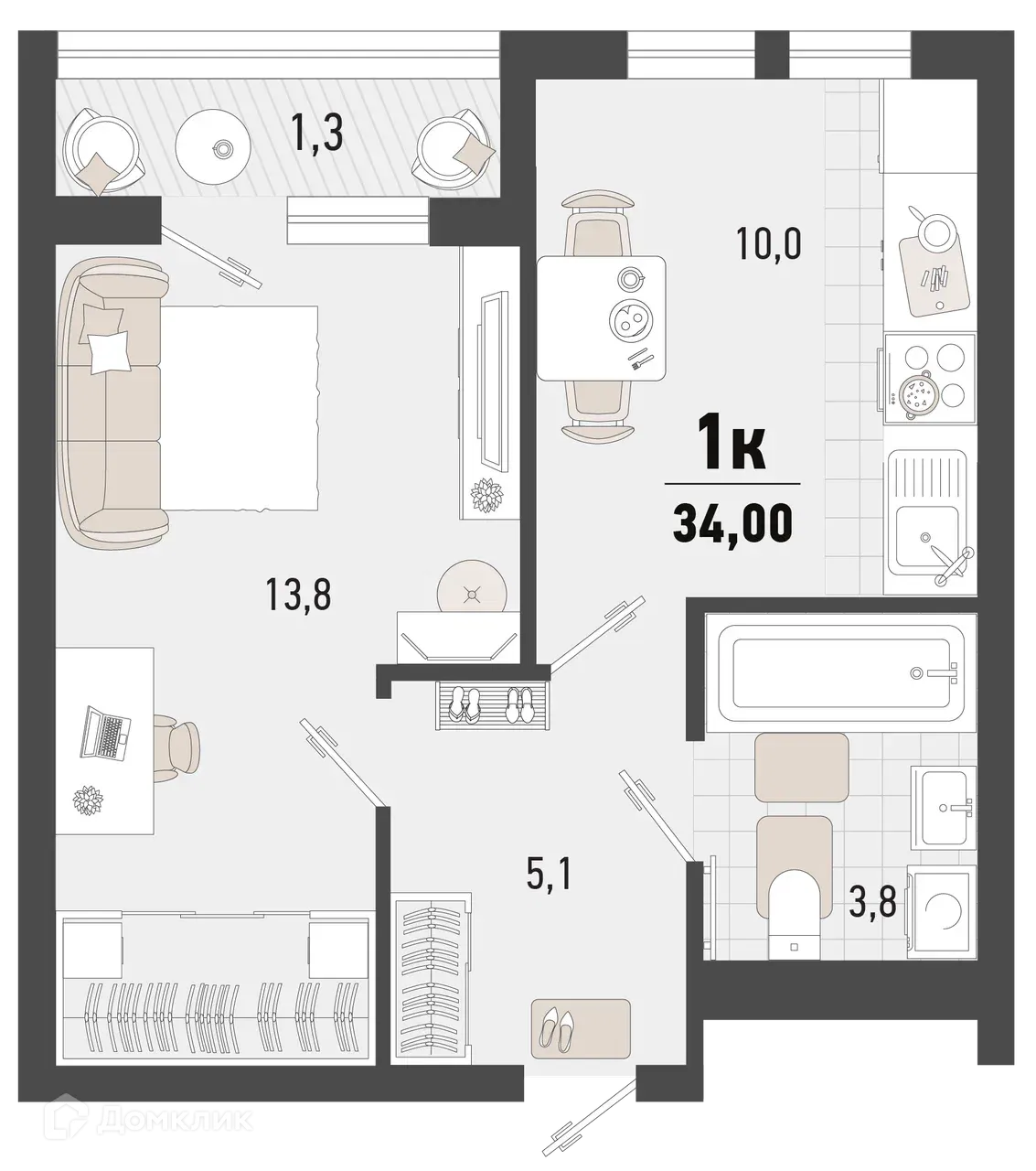 Планировка 1-комнатной квартиры 34 м² в ЖК Барса, г. Новороссийск — фото 1