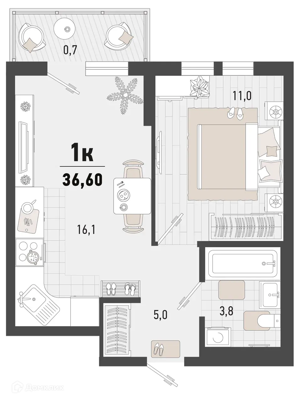 Планировка 1-комнатной квартиры 36.6 м² в ЖК Барса, г. Новороссийск — фото 1
