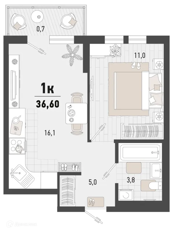 Планировка 1 комн. в ЖК Барса