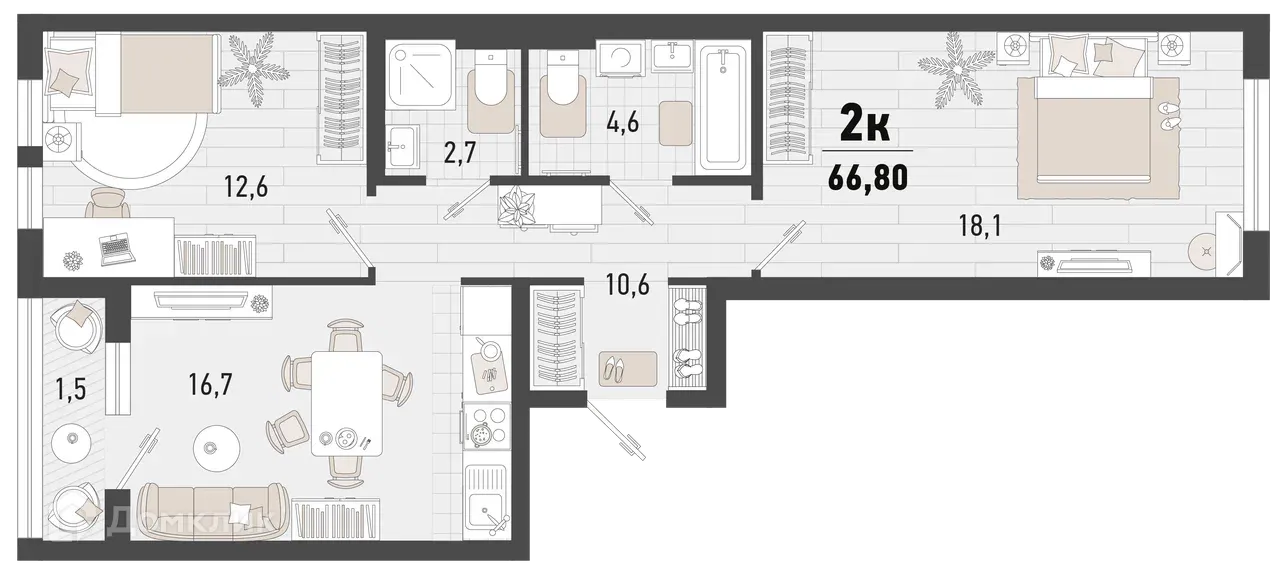 Планировка 2-комнатной квартиры 66.8 м² в ЖК Барса, г. Новороссийск — фото 1