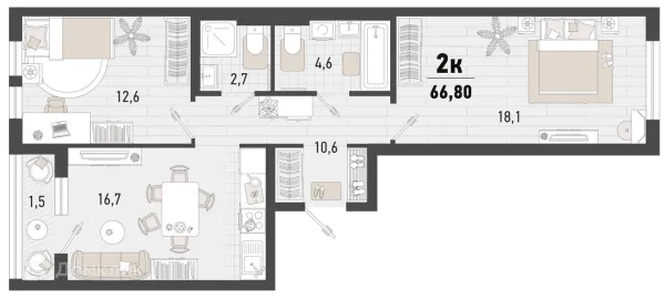 Планировка 2 комн. в ЖК Барса