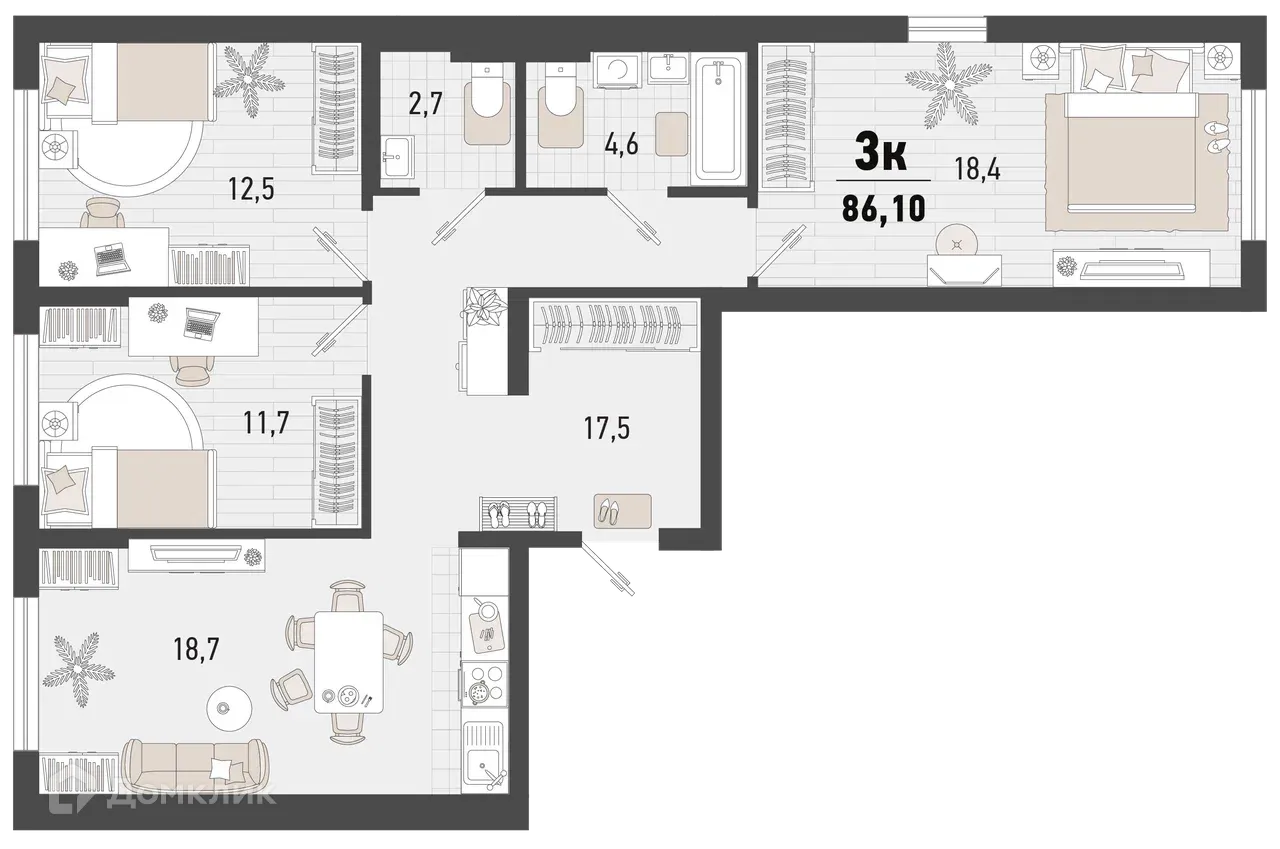 Планировка 3-комнатной квартиры 86.1 м² в ЖК Барса, г. Новороссийск — фото 1