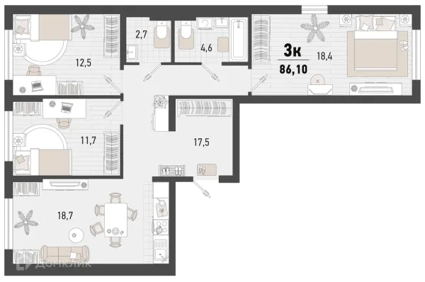 Планировка 3 комн. в ЖК Барса