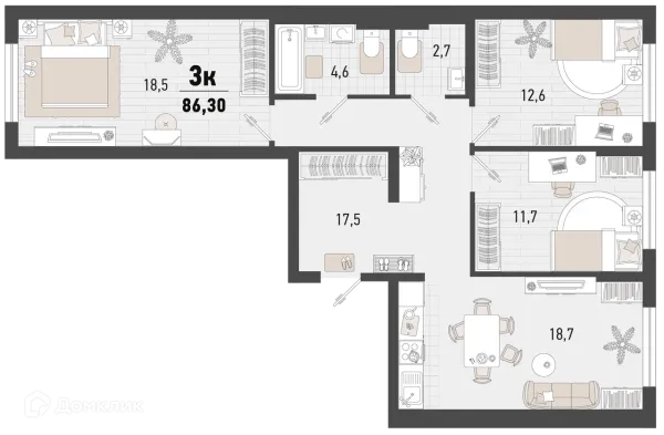 Планировка 3 комн. в ЖК Барса