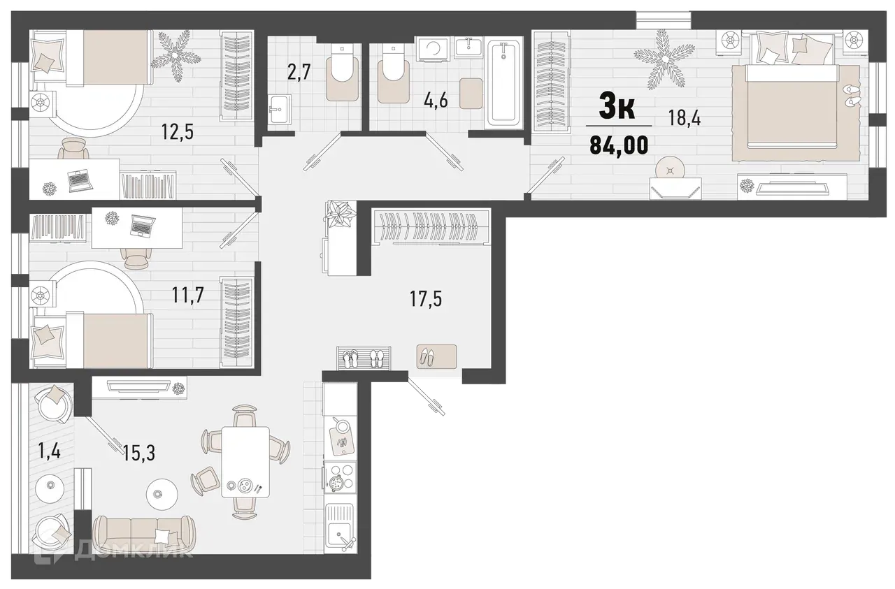 Планировка 3-комнатной квартиры 84 м² в ЖК Барса, г. Новороссийск — фото 1