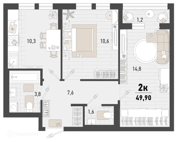 Планировка 2 комн. в ЖК Барса