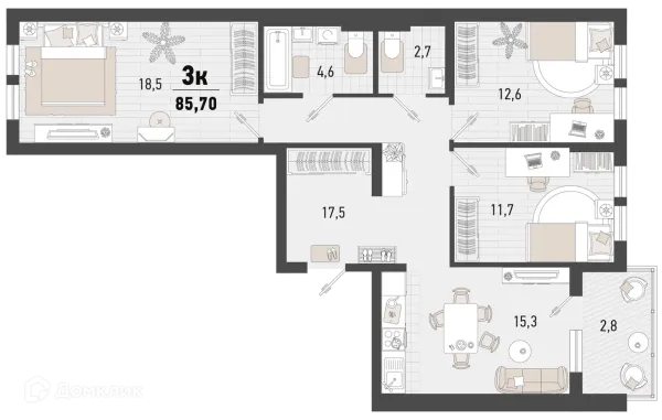 Планировка 3 комн. в ЖК Барса