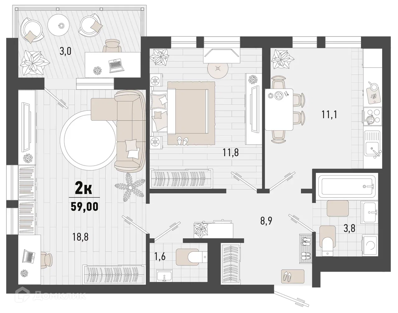 Планировка 2-комнатной квартиры 59 м² в ЖК Барса, г. Новороссийск — фото 1