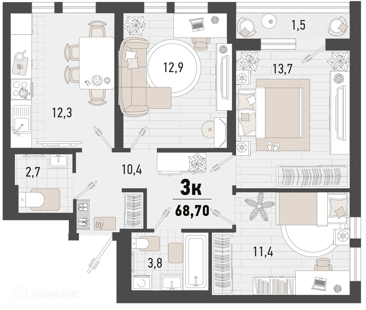 Планировка 3-комнатной квартиры 68.7 м² в ЖК Барса, г. Новороссийск — фото 1