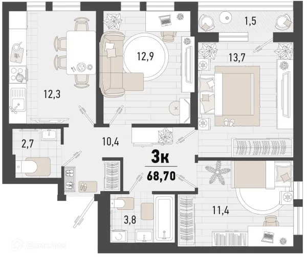 Планировка 3 комн. в ЖК Барса