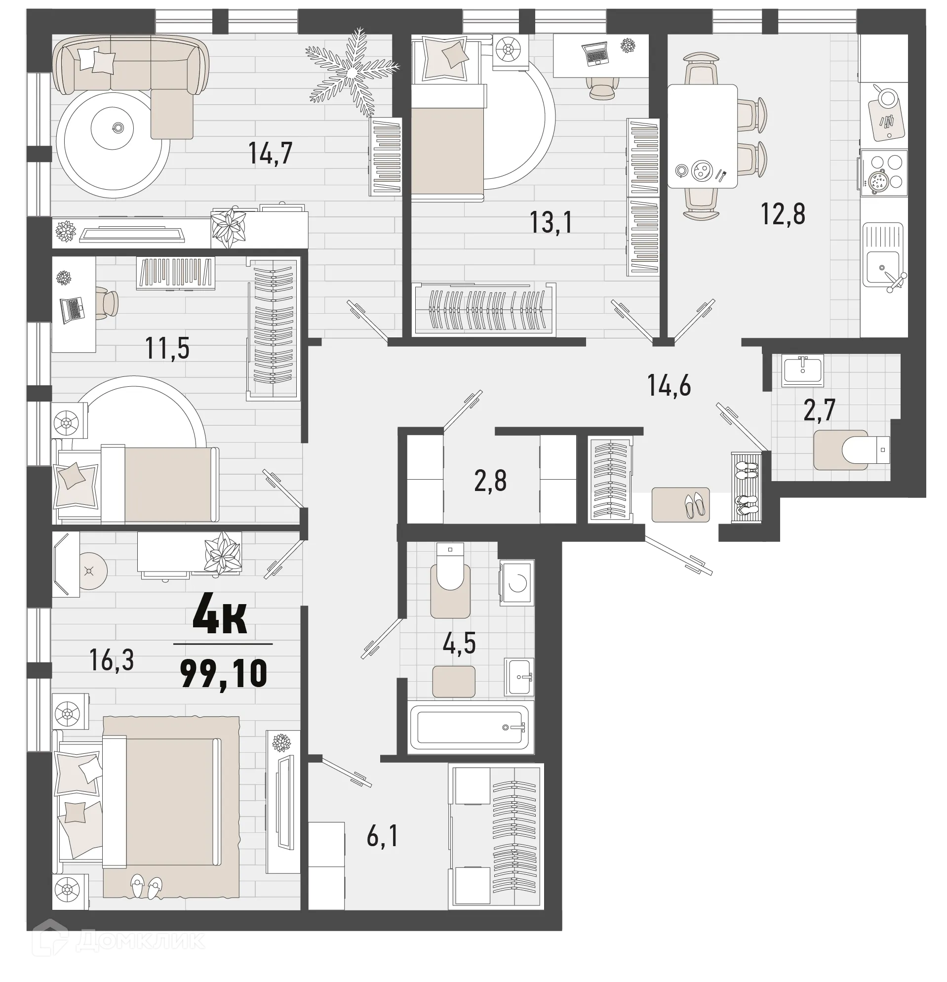 Планировка 4-комнатной квартиры 99.1 м² в ЖК Барса, г. Новороссийск — фото 1