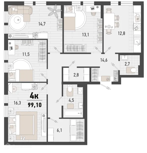 Планировка 4 комн. в ЖК Барса