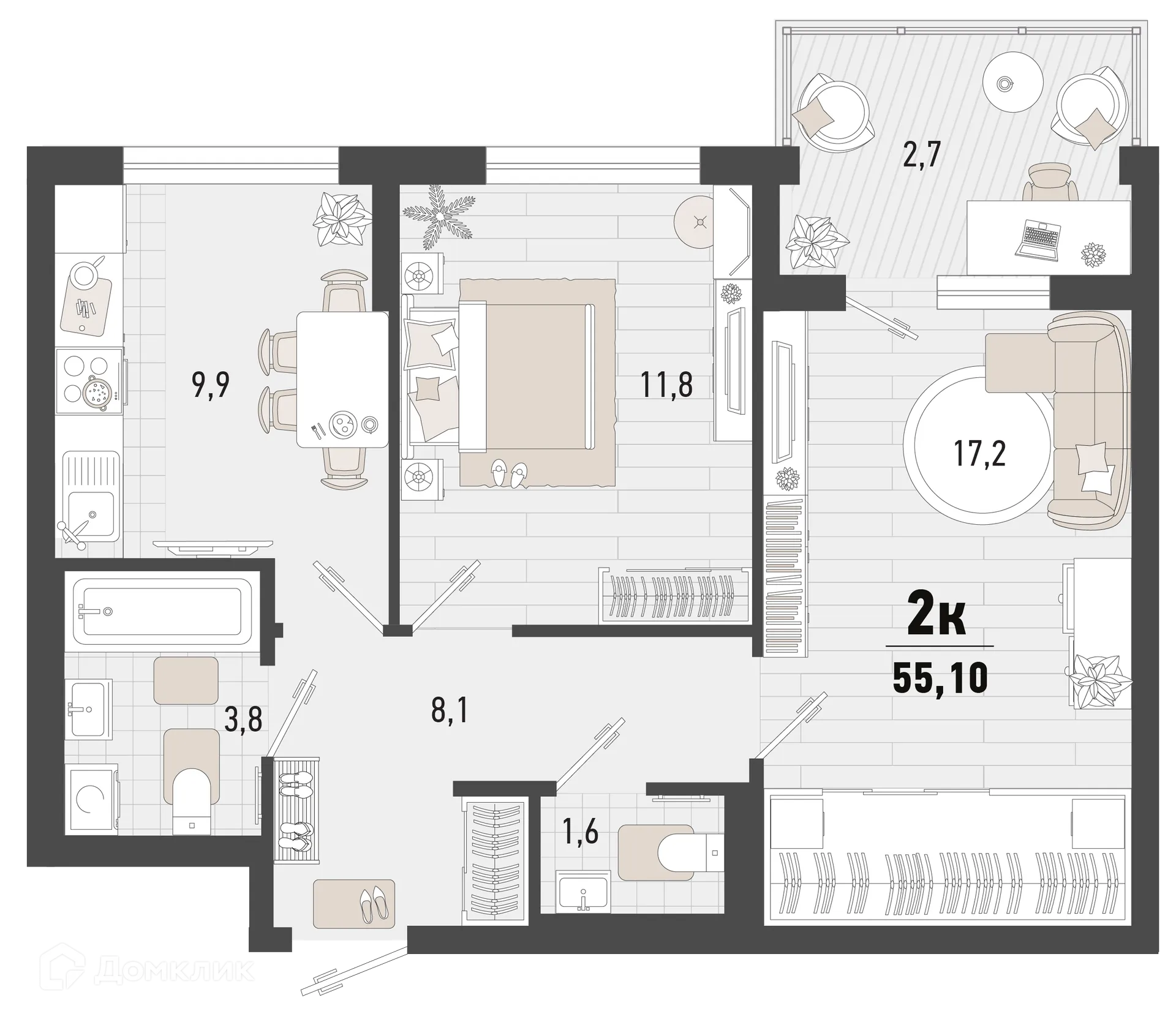 Планировка 2-комнатной квартиры 55.1 м² в ЖК Барса, г. Новороссийск — фото 1