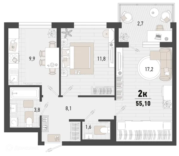 Планировка 2 комн. в ЖК Барса