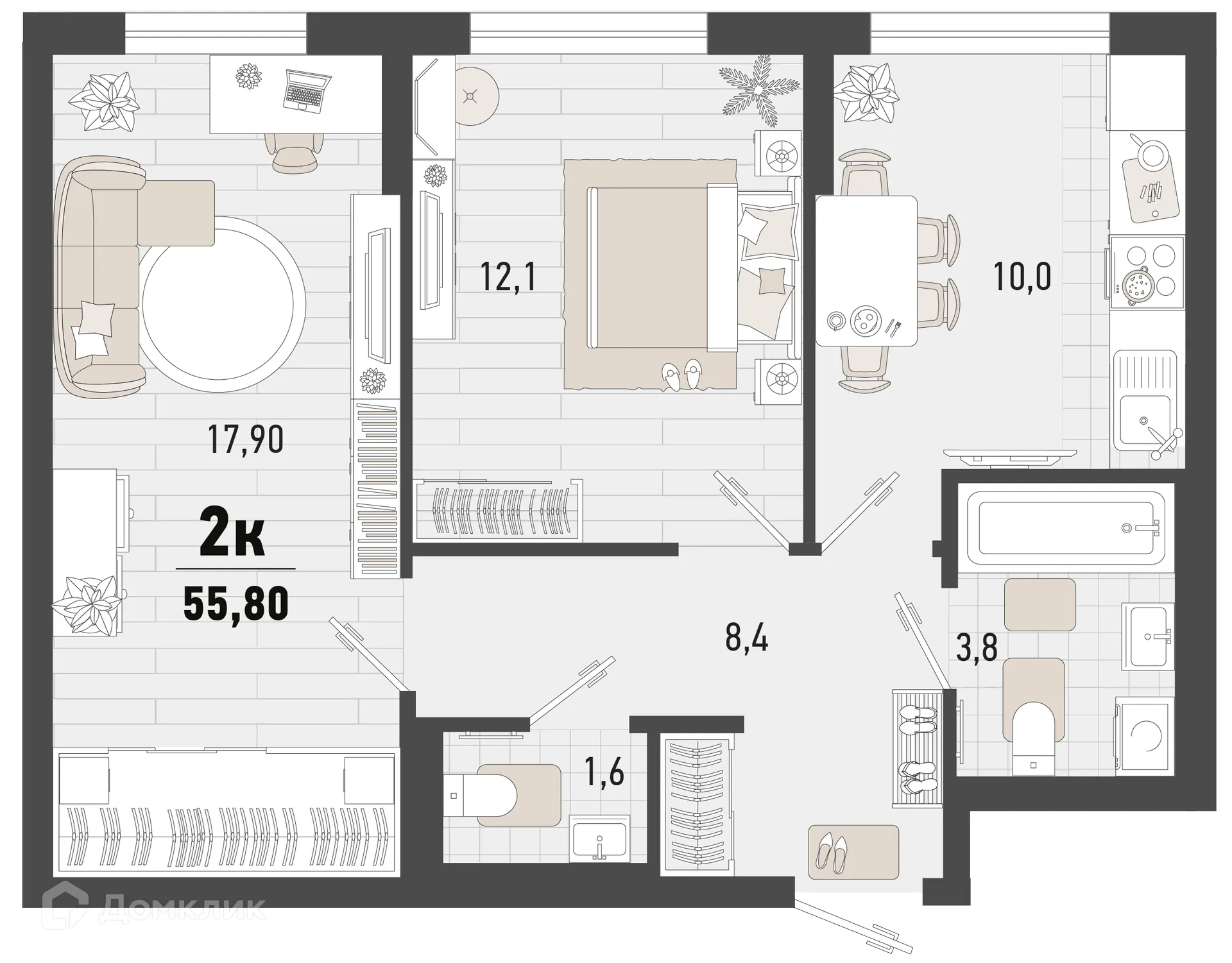 Планировка 2-комнатной квартиры 55.8 м² в ЖК Барса, г. Новороссийск — фото 1