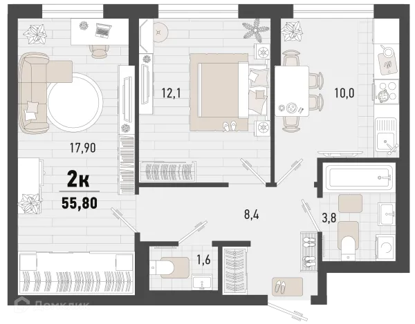 Планировка 2 комн. в ЖК Барса