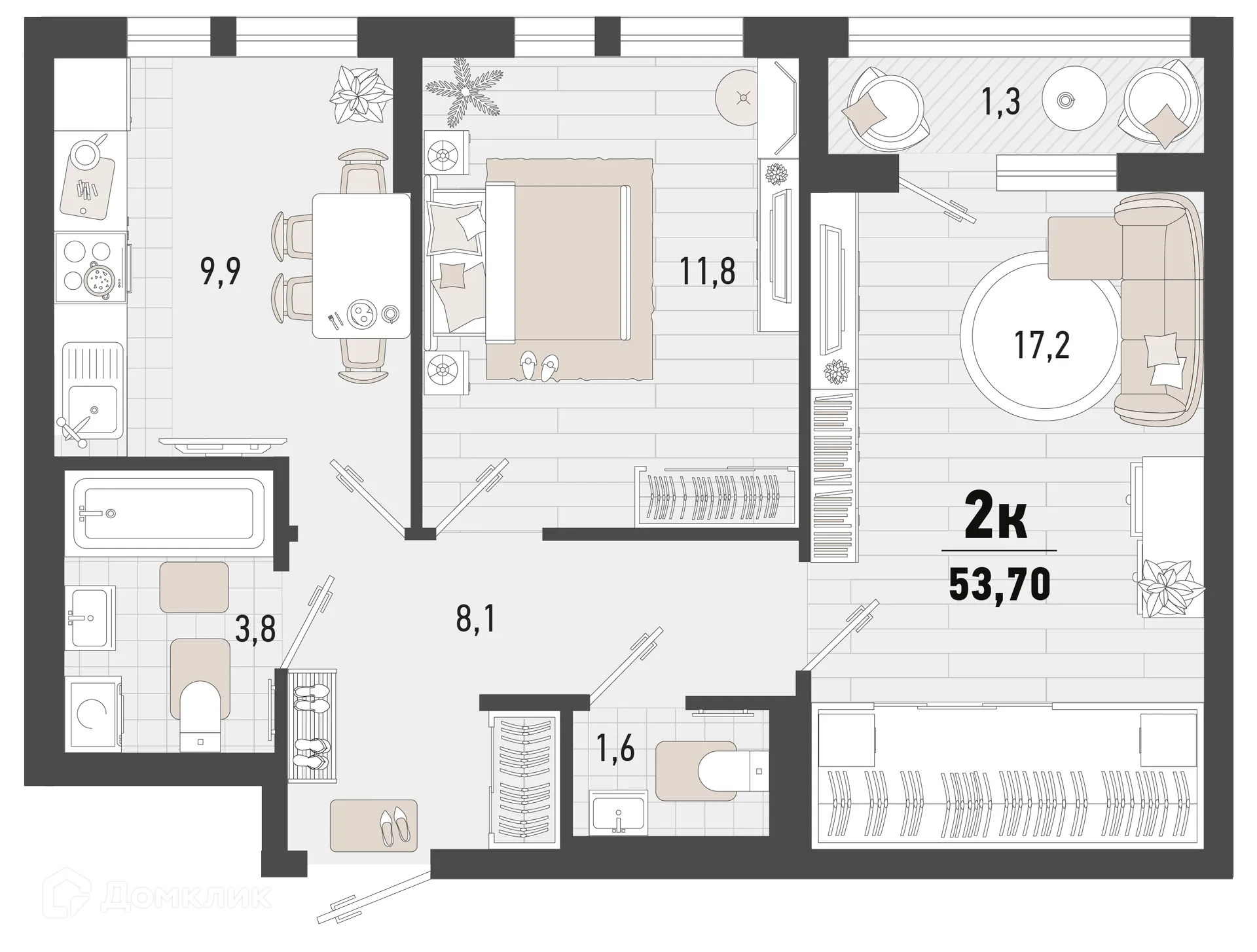 Планировка 2-комнатной квартиры 53.7 м² в ЖК Барса, г. Новороссийск — фото 1