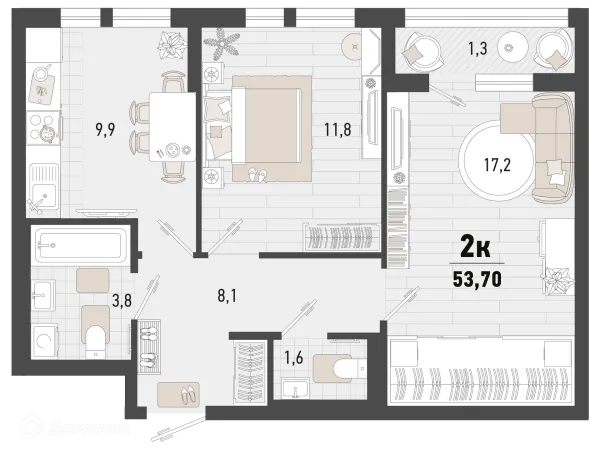 Планировка 2 комн. в ЖК Барса
