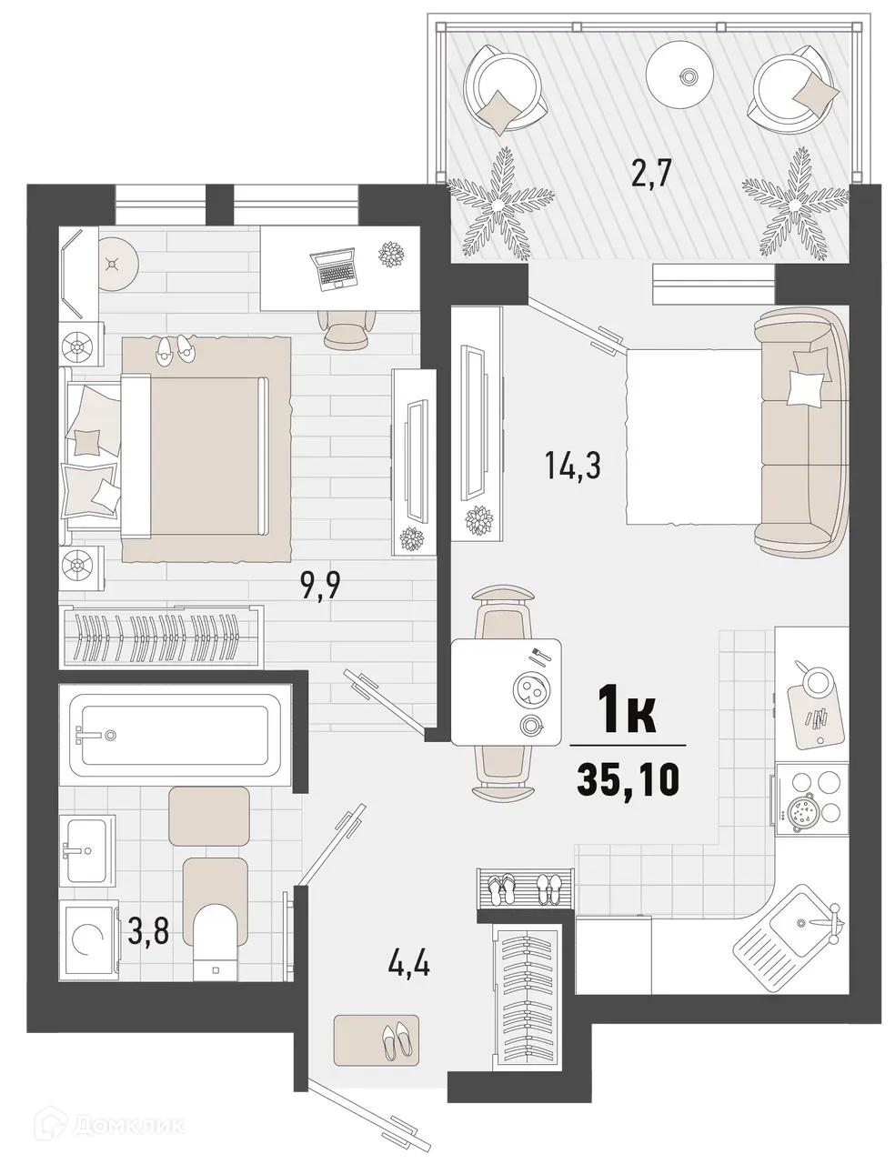 Планировка 1-комнатной квартиры 35.1 м² в ЖК Барса, г. Новороссийск — фото 1
