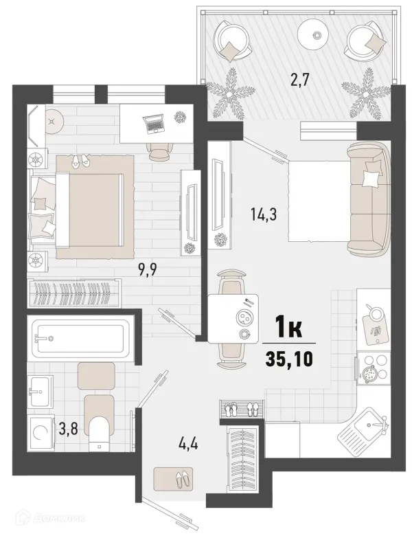 Планировка 1 комн. в ЖК Барса