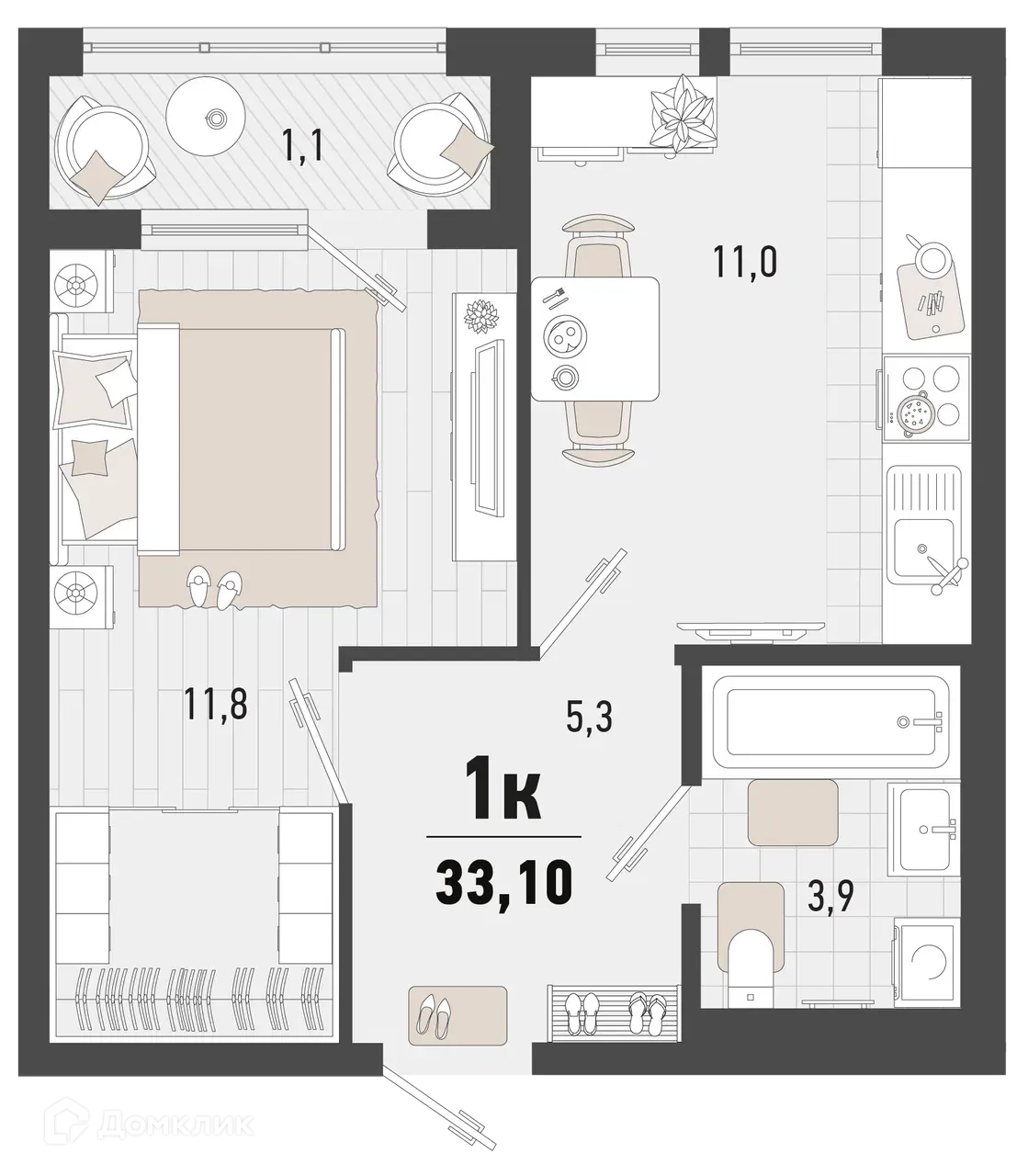 Планировка 1-комнатной квартиры 33.1 м² в ЖК Барса, г. Новороссийск — фото 1