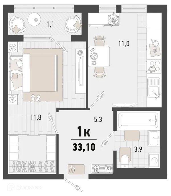 Планировка 1 комн. в ЖК Барса