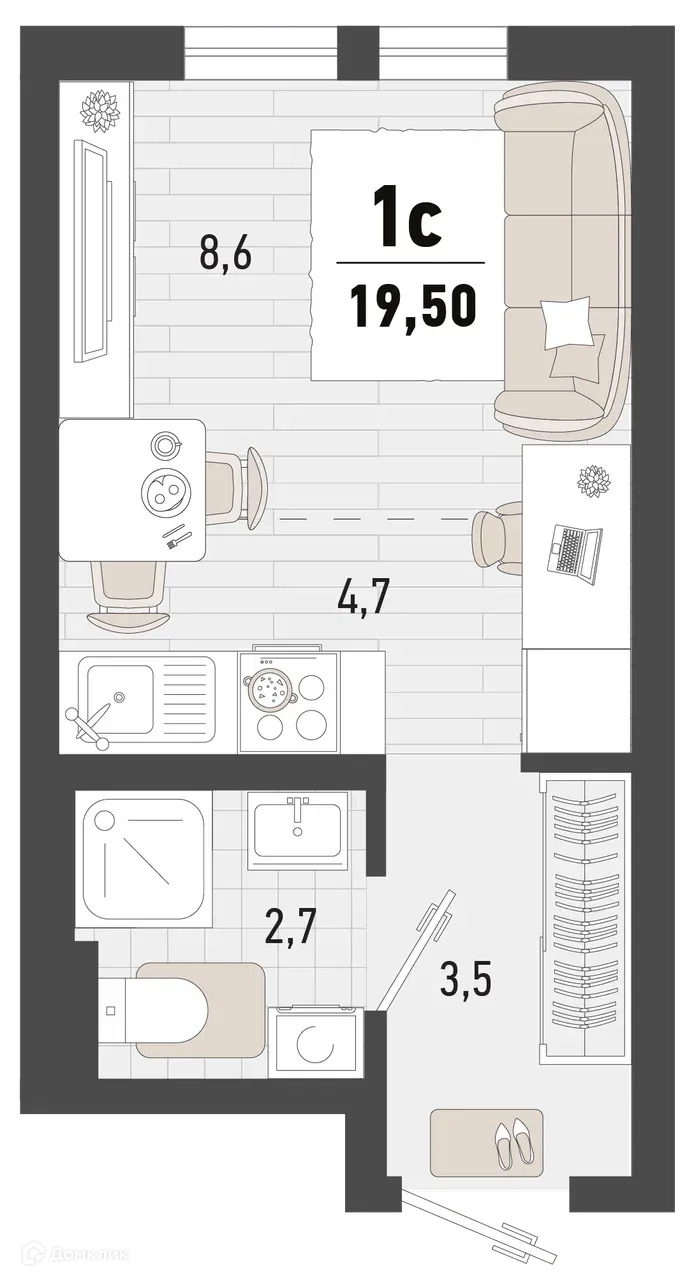 Планировка 1-комнатной квартиры 19.5 м² в ЖК Барса, г. Новороссийск — фото 1
