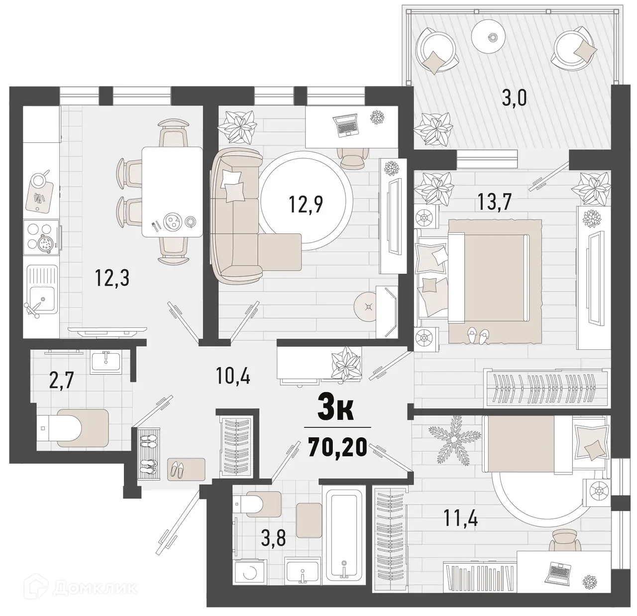 Планировка 3-комнатной квартиры 70.2 м² в ЖК Барса, г. Новороссийск — фото 1