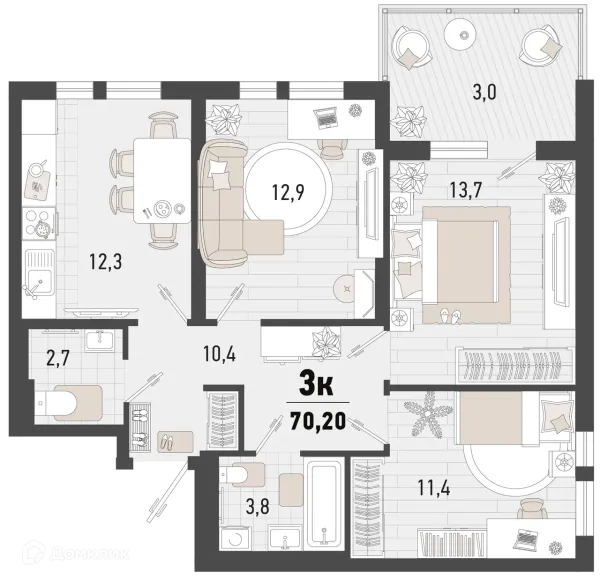 Планировка 3 комн. в ЖК Барса