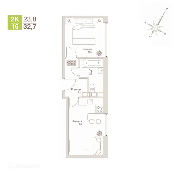 Планировка 2 комн. в ЖК Апарт-комплекс ВЛЮБЕРЦЫ