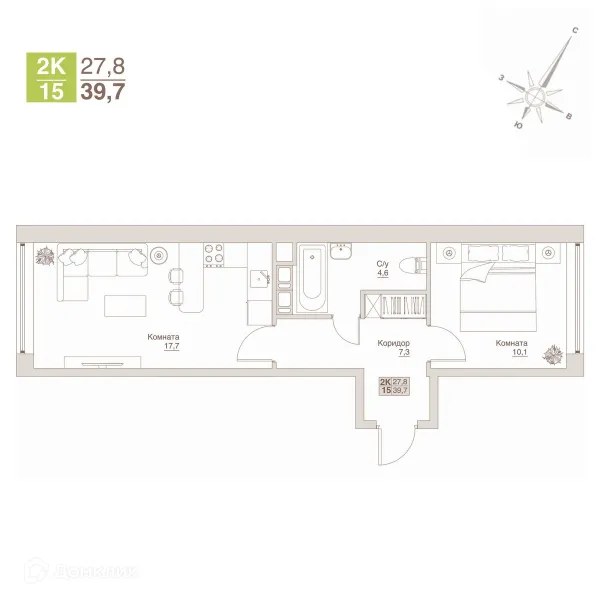 Планировка 2 комн. в ЖК Апарт-комплекс ВЛЮБЕРЦЫ