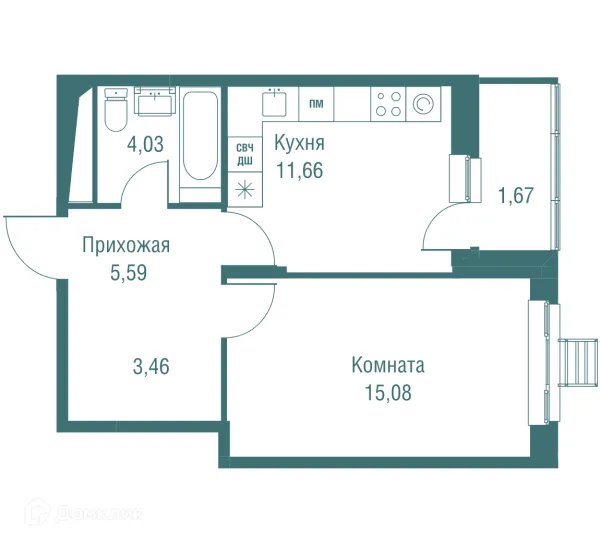 Планировка 1 комн. в ЖК "Одинбург"