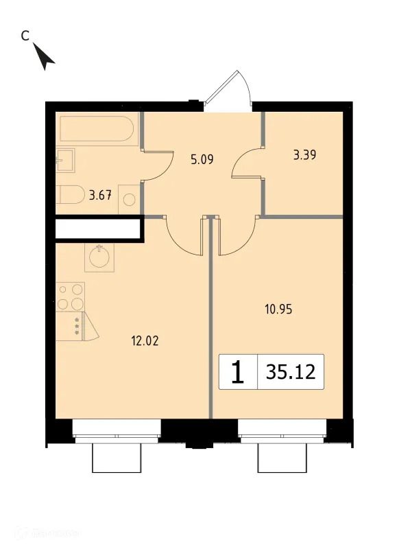 Планировка 1 комн. в ЖК Каштановая Роща