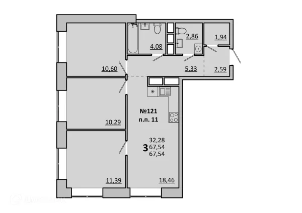 Планировка 3 комн. в ЖК Каштановая Роща
