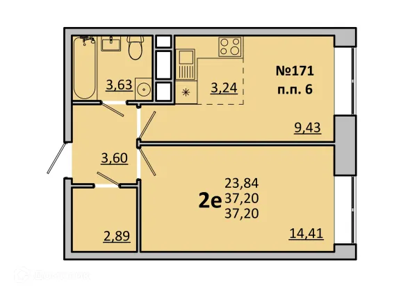 Планировка 2 комн. в ЖК Каштановая Роща