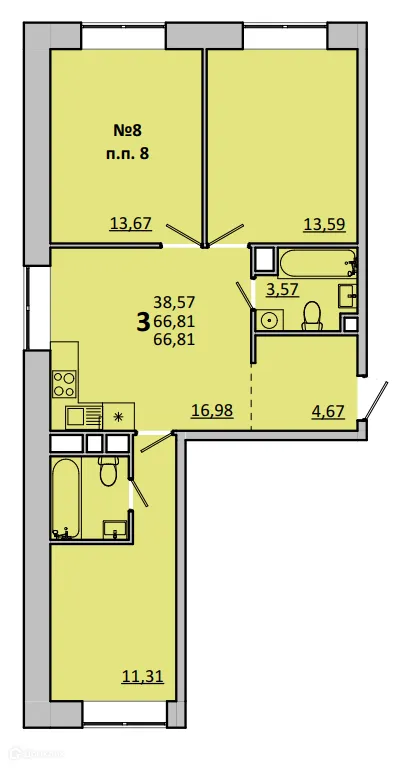 Планировка 3 комн. в ЖК Каштановая Роща