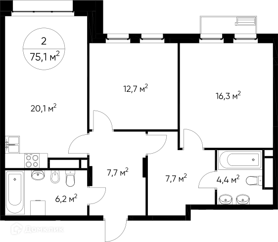 Планировка 2 комн. в ЖК "Резиденции Сколково"