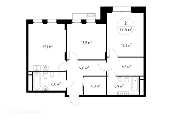 Планировка 2 комн. в ЖК "Резиденции Сколково"