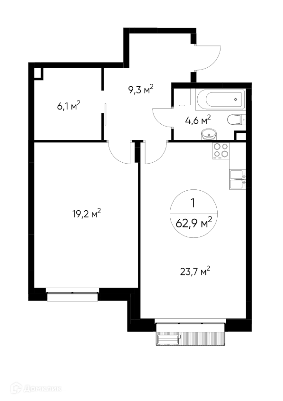 Планировка 1 комн. в ЖК "Резиденции Сколково"