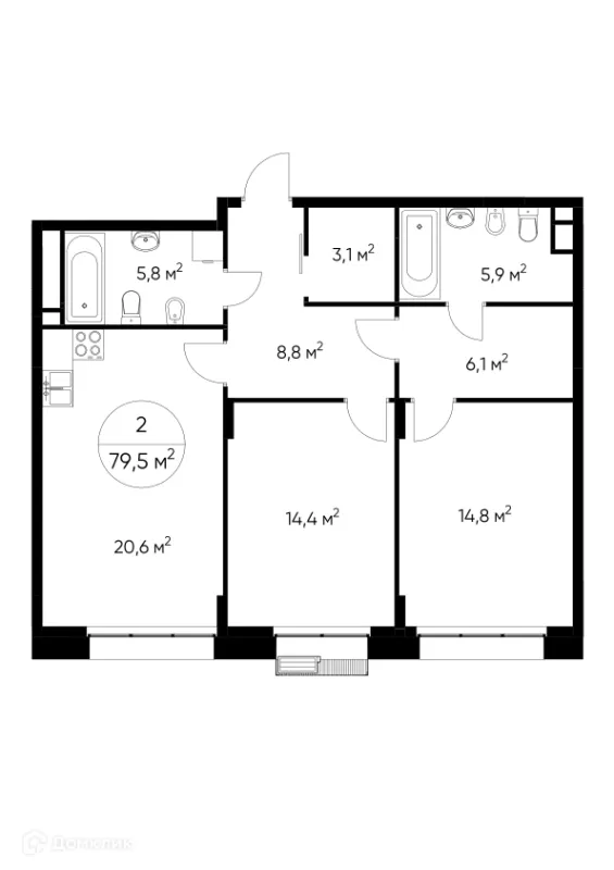 Планировка 2 комн. в ЖК "Резиденции Сколково"