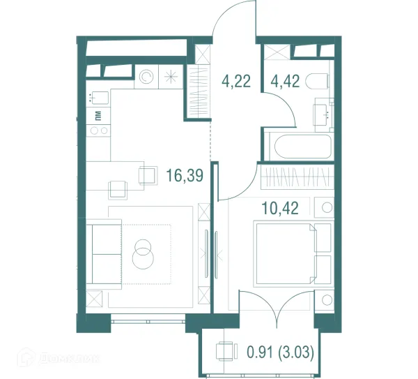 Планировка 1 комн. в ЖК "Одинбург"