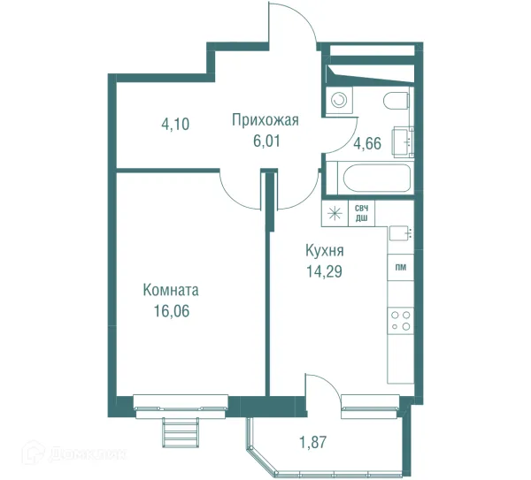 Планировка 1 комн. в ЖК "Одинбург"