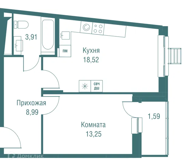 Планировка 1 комн. в ЖК "Одинбург"
