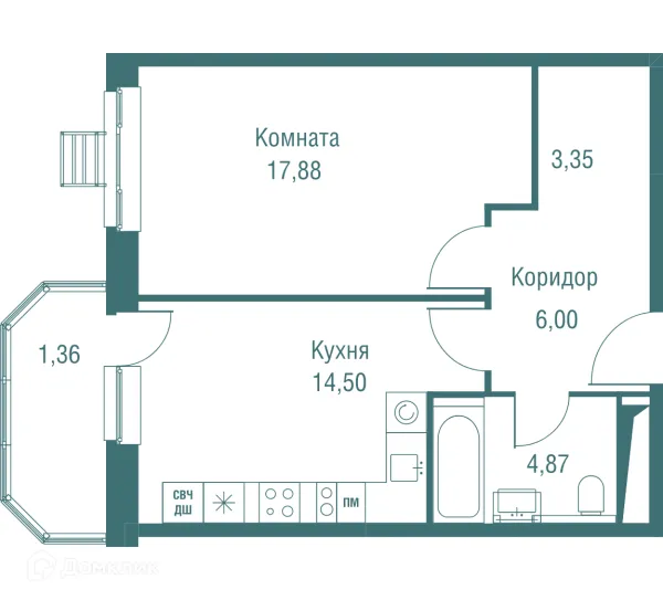 Планировка 1 комн. в ЖК "Одинбург"