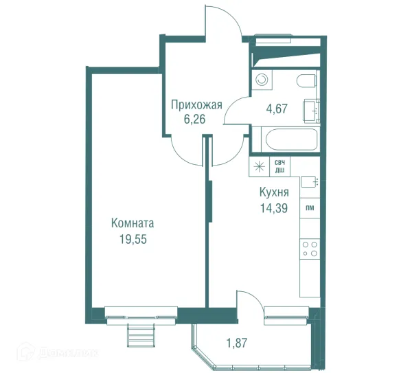 Планировка 1 комн. в ЖК "Одинбург"