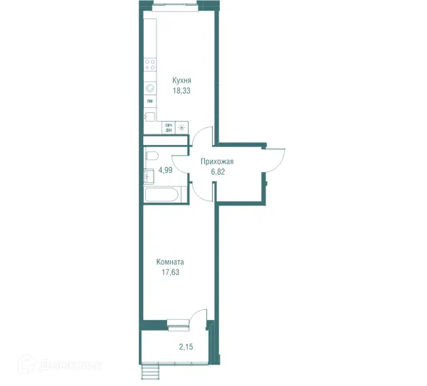 Планировка 1 комн. в ЖК "Одинбург"