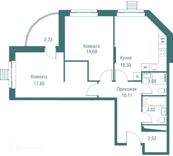 Планировка 2 комн. в ЖК "Одинбург"