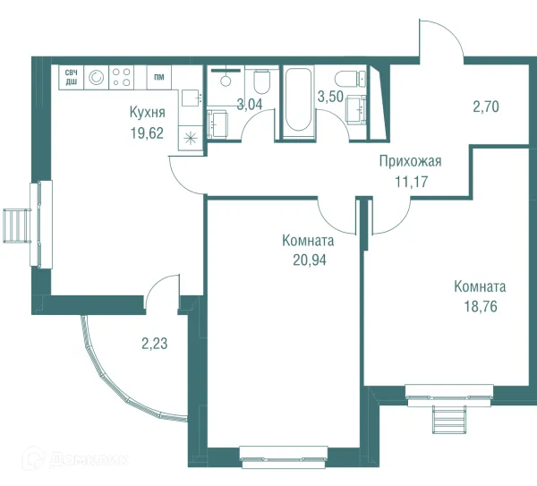 Планировка 2 комн. в ЖК "Одинбург"